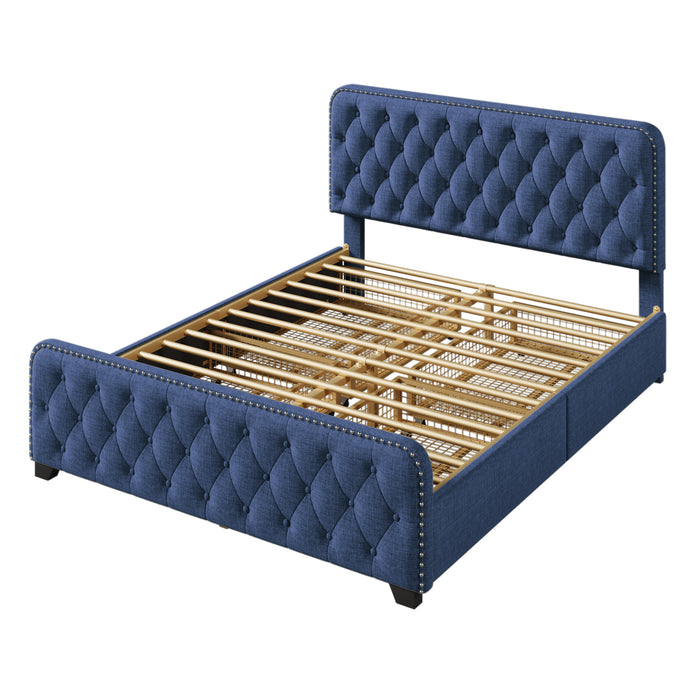 Upholstered Platform Bed Frame with Four Drawers (Blue) Queen