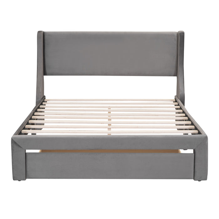 Queen Size Storage Bed Velvet Upholstered Platform Bed with a Big Drawer - Gray