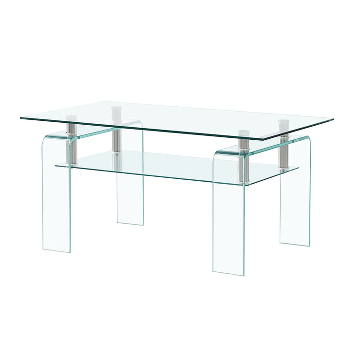 Rectangle Clear Glass Coffee Table, Modern Glass Coffee Table for Living Room, 2-Tier Storage Center Coffee Table,Tempered Glass Tea Table