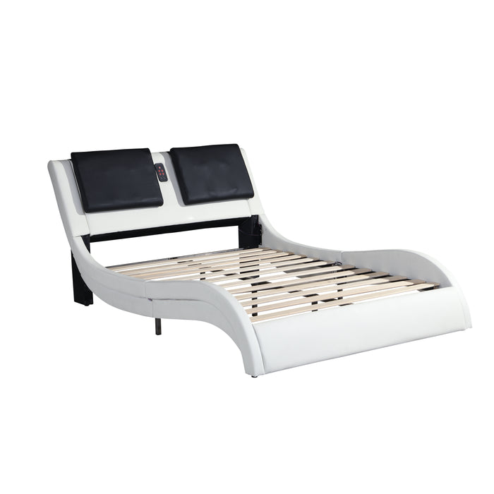 King Size Faux Leather Upholstered Platform Bed Frame with led lighting and Bluetooth connection  - White and Black