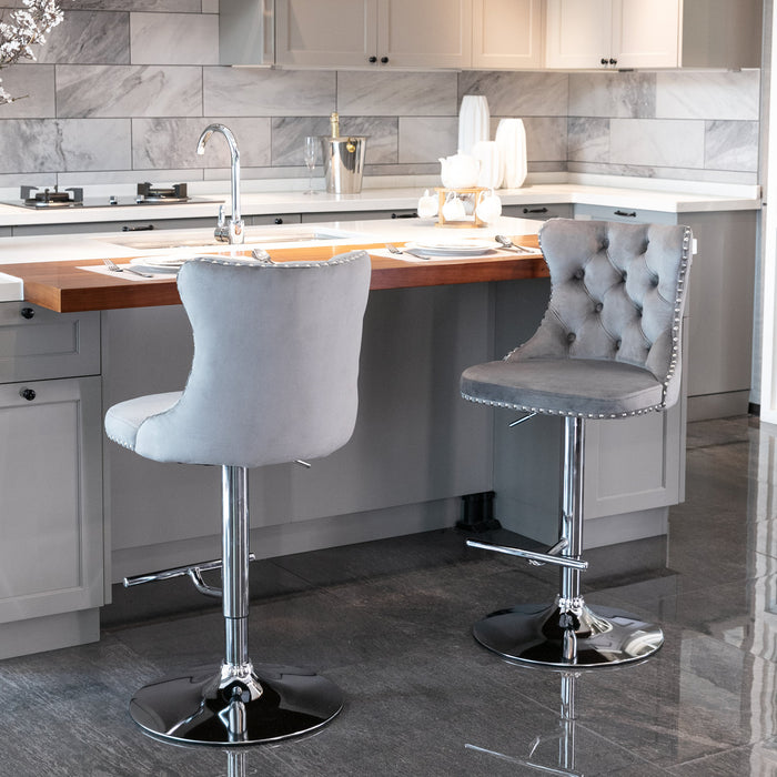 Swivel Velvet Barstools, Gray (Set of 2）