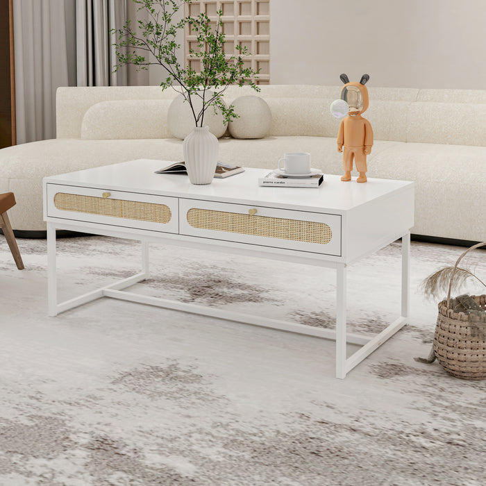 2 Rattan Drawer Coffee Table - White