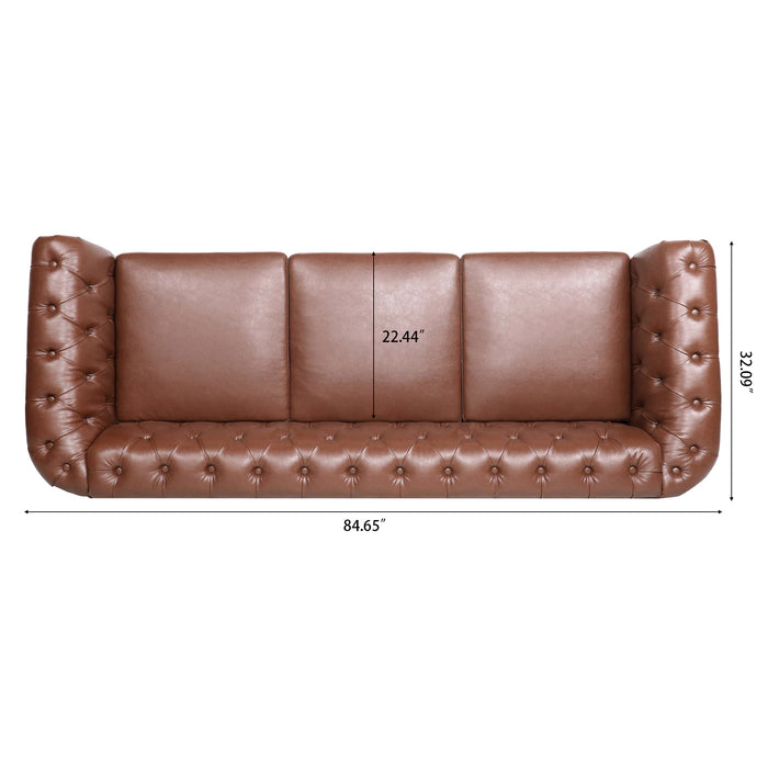 Rolled Arm Chesterfield 3 Seater Sofa - Brown