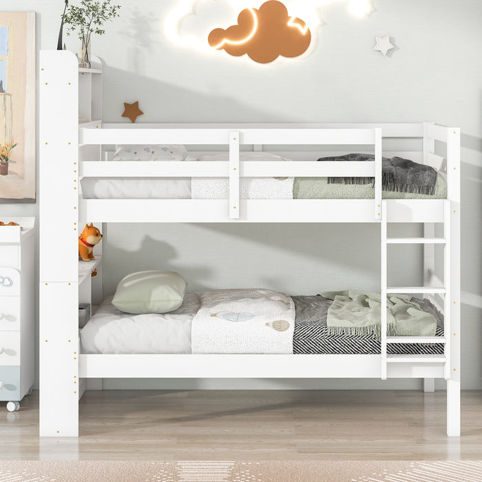 Twin Over Twin Bunk Beds with Bookcase Headboard - White