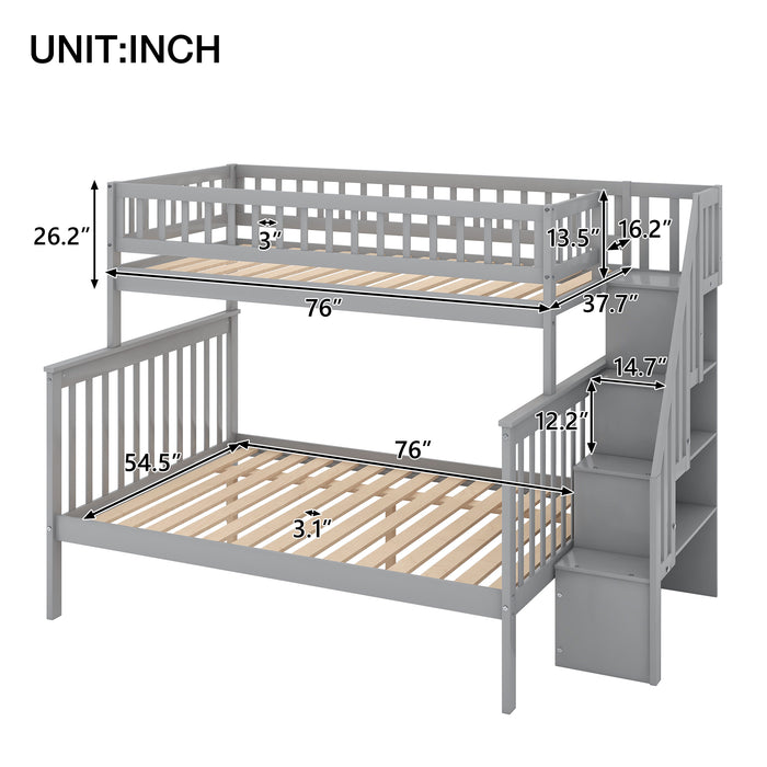 Twin over Full Stairway Bunk Bed with Storage - Gray