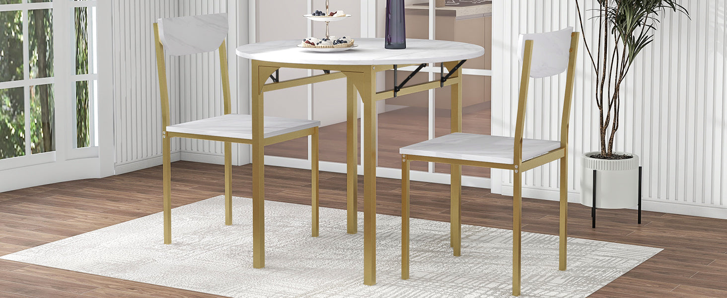 3-Piece  Modern Round Dining Table Set with Drop Leaf - Golden Frame + Faux White Granite Finish