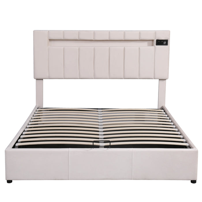 Queen Velvet Upholstered storage Bed with LED light, Bluetooth Player and USB Charging - Beige