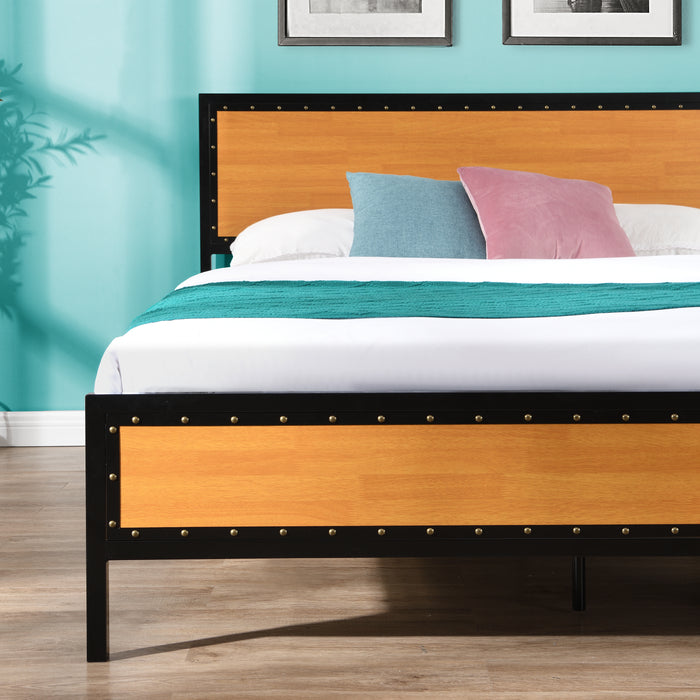 Queen Size Platform Bed Frame with Rustic Headboard and Footboard - Brown