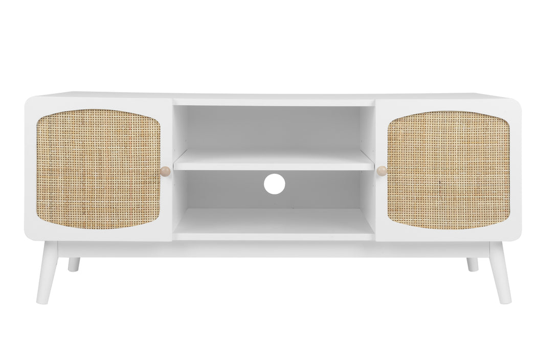 White TV Console with Rattan Door