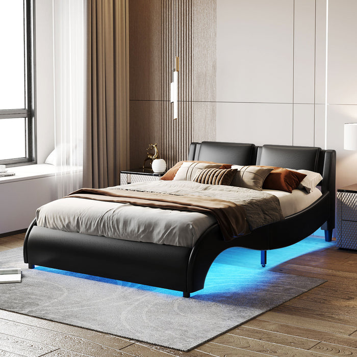 Queen Size Upholstered Faux Leather Platform Bed with LED Light Bed Frame - Black