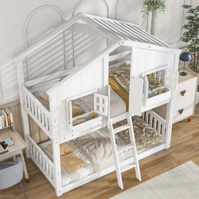 Twin over Twin House Bunk Bed with Roof , Windows - White