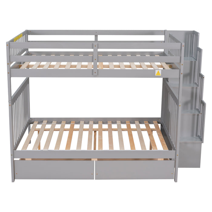 Full Over Full Bunk Bed with 2 Drawers and Staircases - Grey