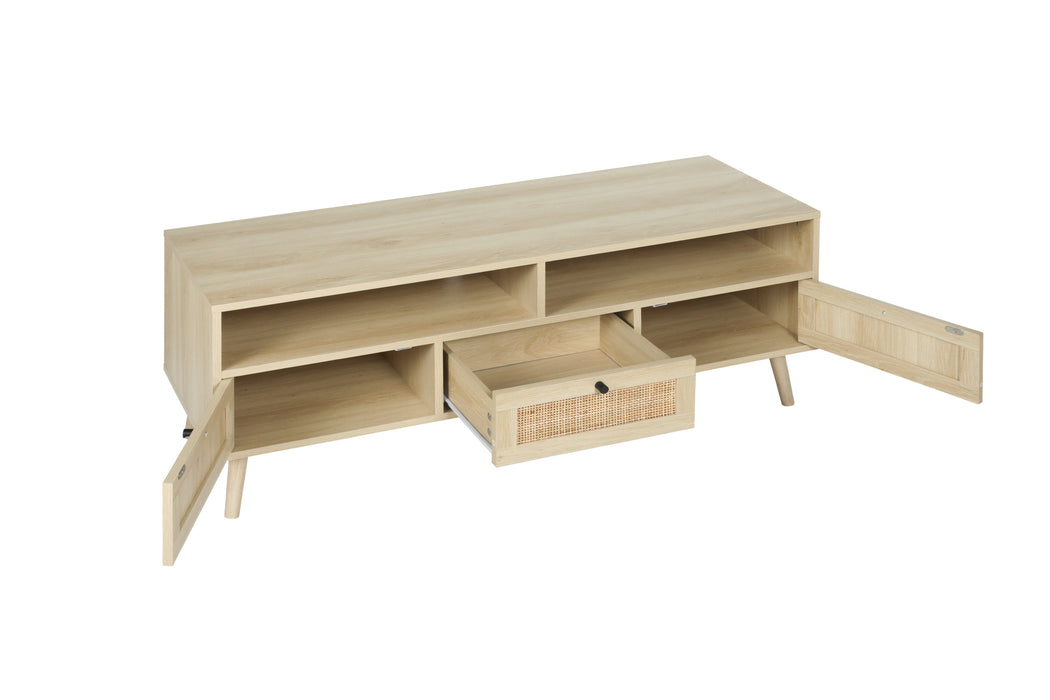 Rattan TV Stand with Solid Wood Feet - Natural