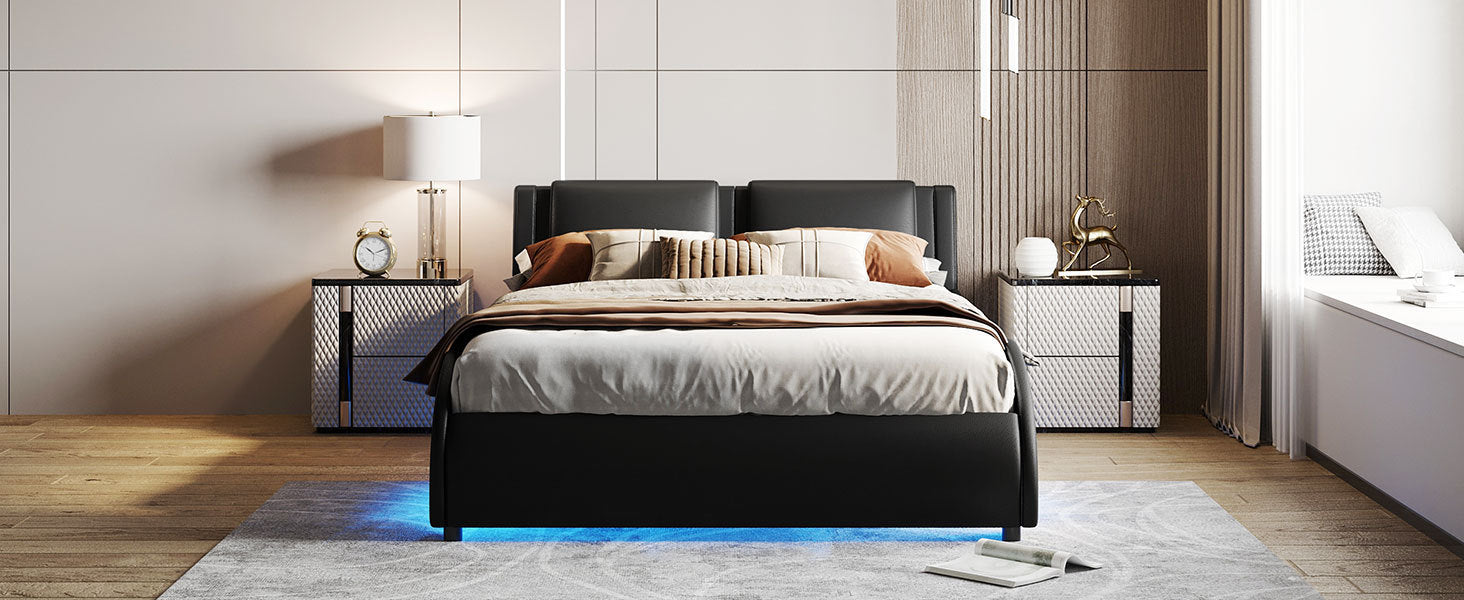 Queen Size Upholstered Faux Leather Platform Bed with LED Light Bed Frame - Black