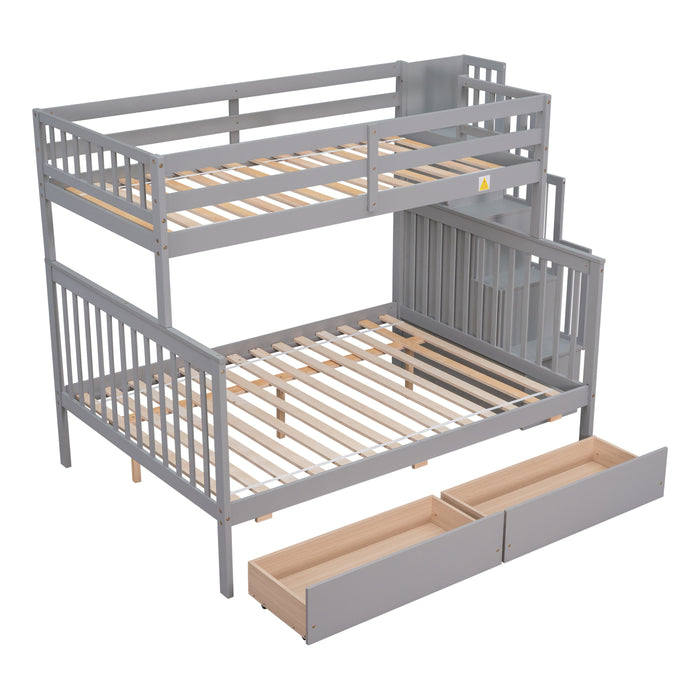 Twin Over Full Convertible Bunk Bed with 2 Drawers and Staircases - Grey