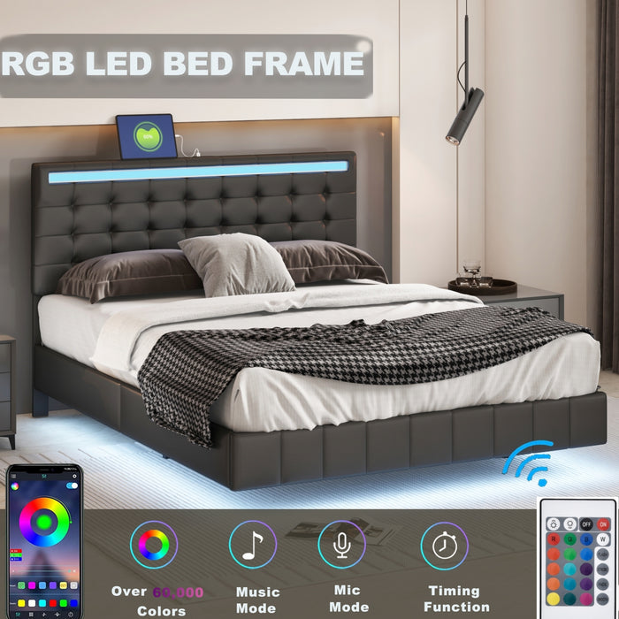 Queen Size Modern Upholstered Platform Bed with LED Lights and USB Charging - Black