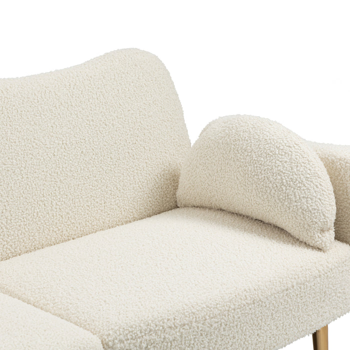 Mid Century Modern Velvet Love Seats Sofa with 2 Bolster Pillows - White Teddy