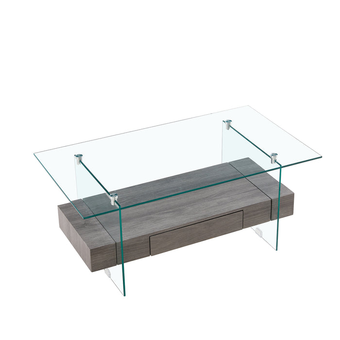 Tempered Glass Coffee table with Dual Shelves and Drawer - transparent/gray