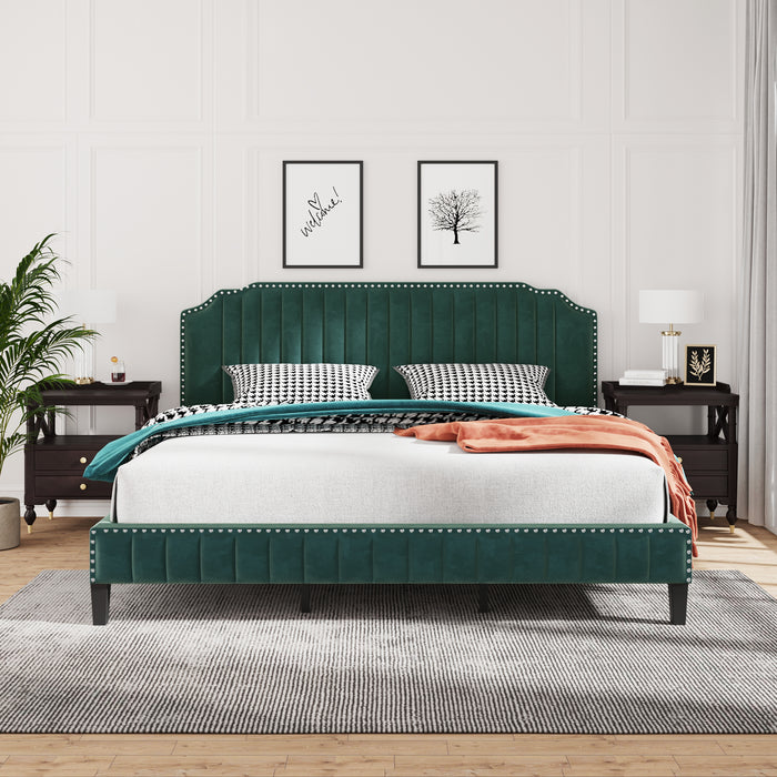 Modern Velvet Curved Upholstered Platform Bed ,  Green (King)