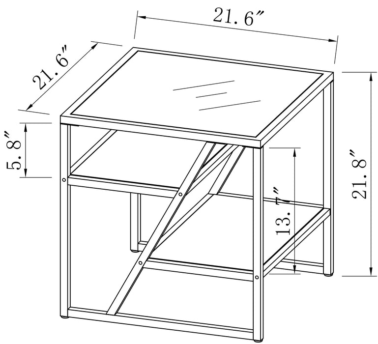 Black Side End Table with Storage Shelf, Tempered Glass