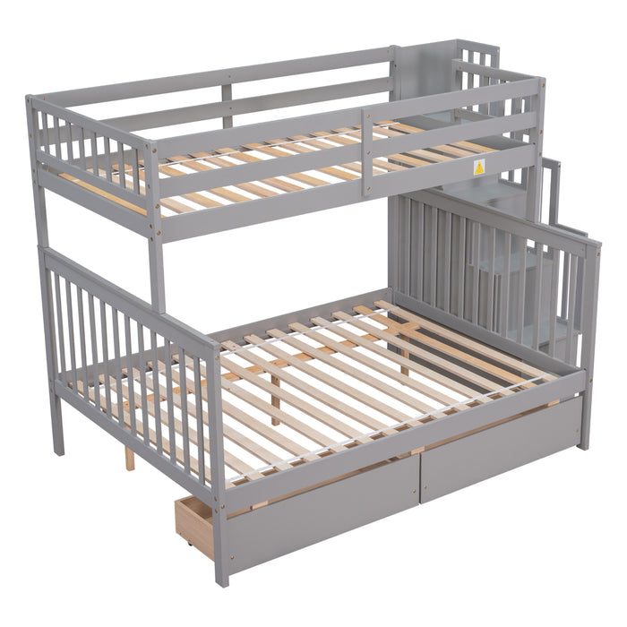 Twin Over Full Convertible Bunk Bed with 2 Drawers and Staircases - Grey