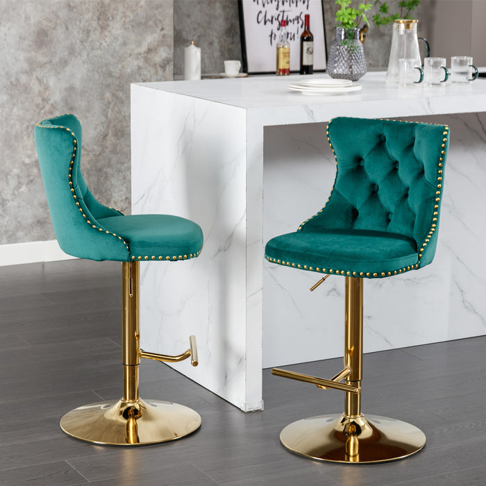 Golden Swivel Velvet Barstools, Green (Set of 2）