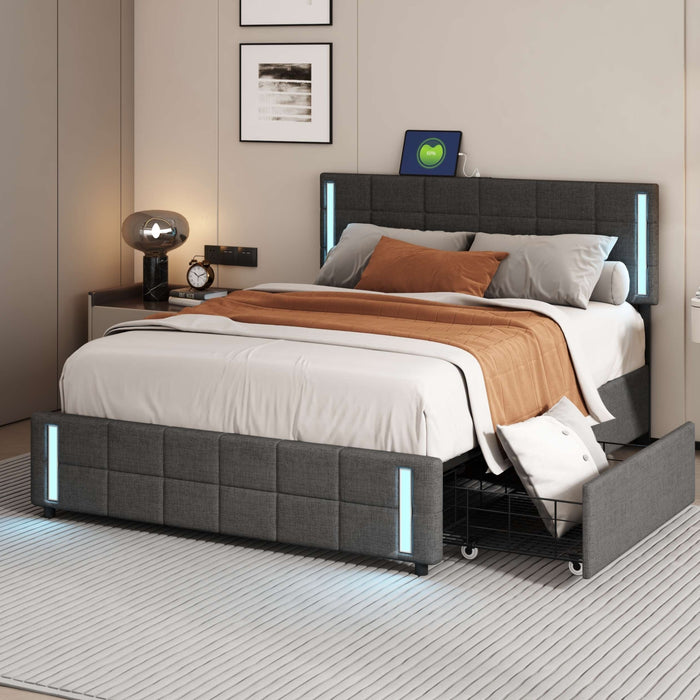 Queen Upholstered  storage Platform Bed with LED Lights and USB Charging - Dark Gray