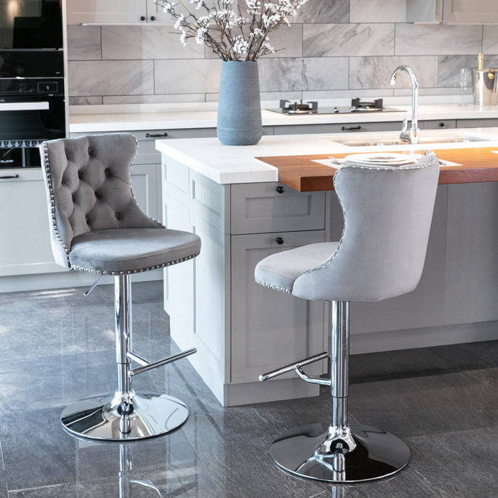 Swivel Velvet Barstools, Gray (Set of 2）