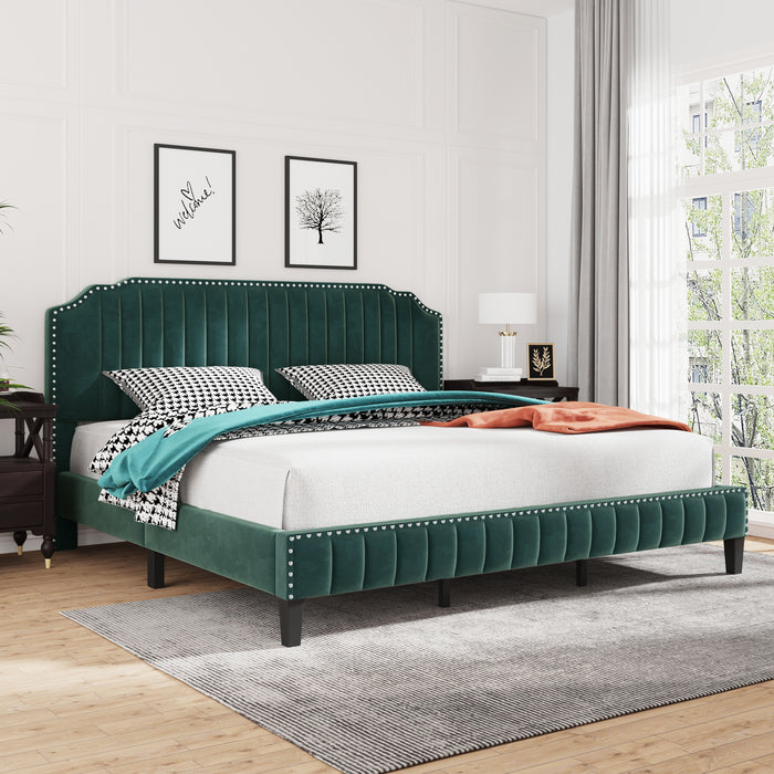 Modern Velvet Curved Upholstered Platform Bed ,  Green (King)