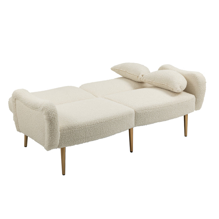 Mid Century Modern Velvet Love Seats Sofa with 2 Bolster Pillows - White Teddy