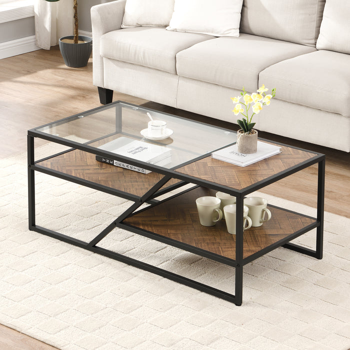 Black Coffee Table with Storage Shelf - Tempered Glass