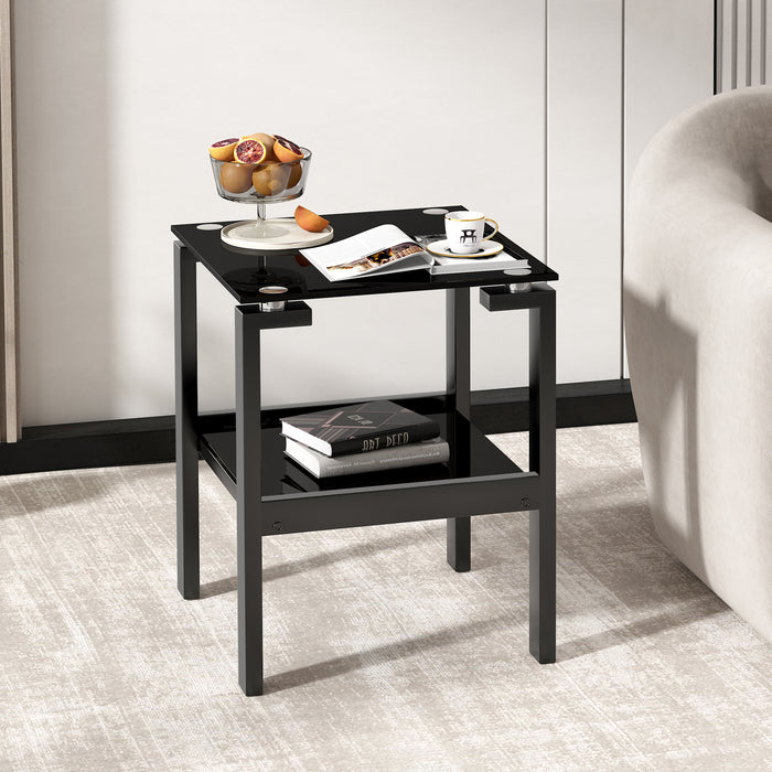 Modern Black Glass Clear Side  2-Tier Space End Table - Black