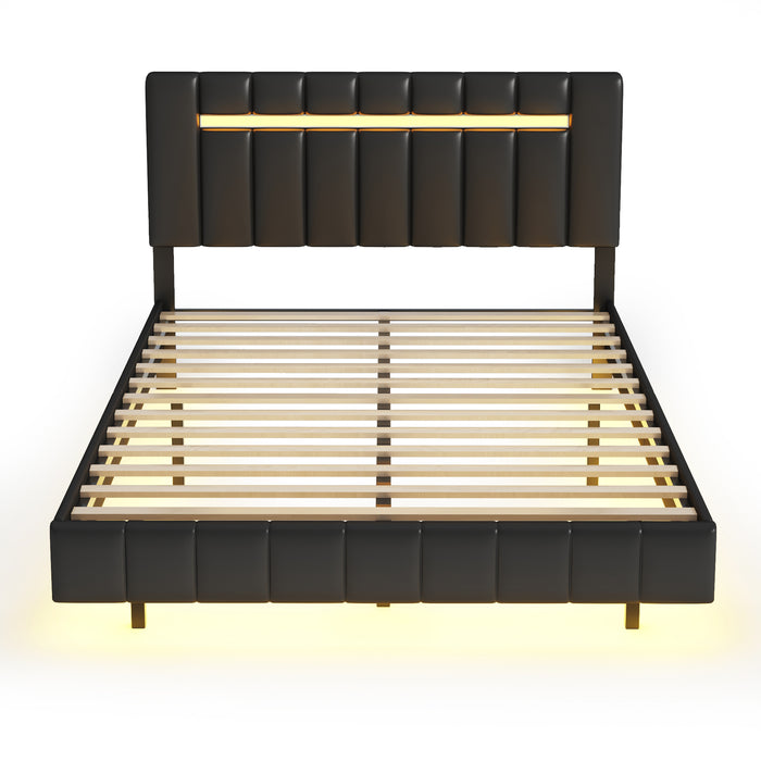 Queen Size Modern Upholstered Platform LED Bed  with LED Lights and USB Charging - Black