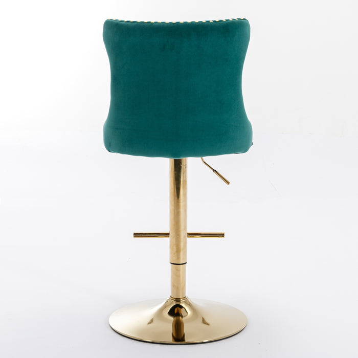 Golden Swivel Velvet Barstools, Green (Set of 2）