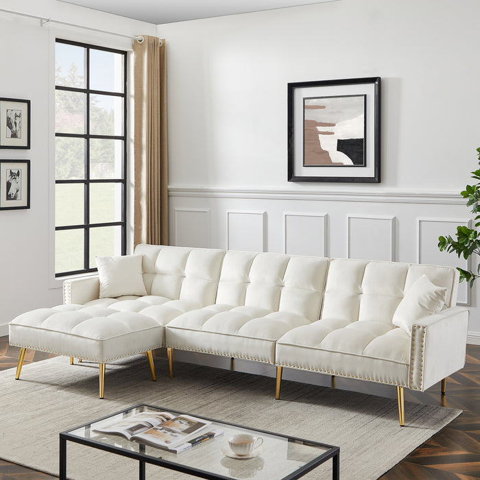 Velvet Upholstered Reversible Sectional Sofa Bed , L-Shaped Couch with Movable Ottoman - cream white