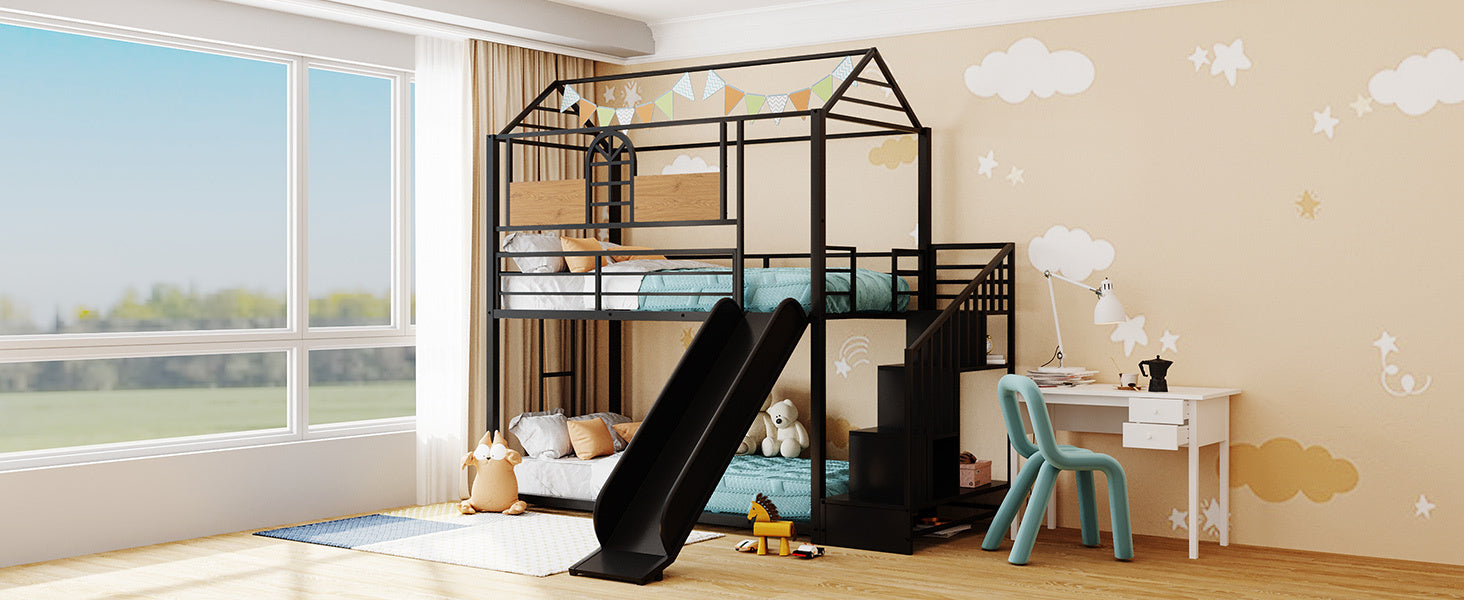 Twin Over Twin Metal House Bunk Bed - Black