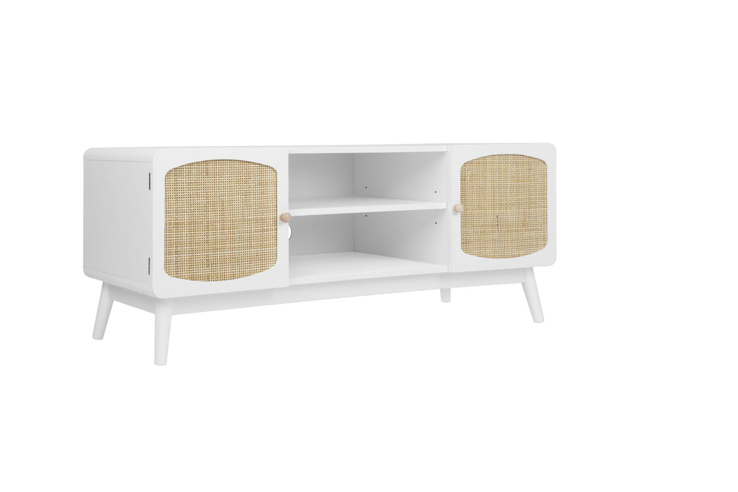 White TV Console with Rattan Door