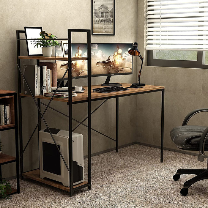 Computer Desk 48" with Storage Shelves, Rustic Black Metal Frame Brown