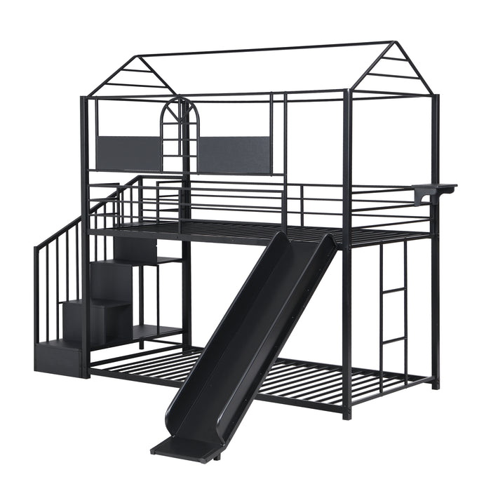 Metal bunk bed with slide and steps - Black