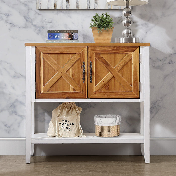 Farmhouse Wood Buffet Console Table - Antique White + Natural Acacia