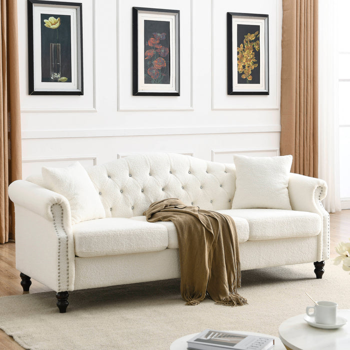 3+1 Combination of Chesterfield sofa and chair, teddy white, two pillows