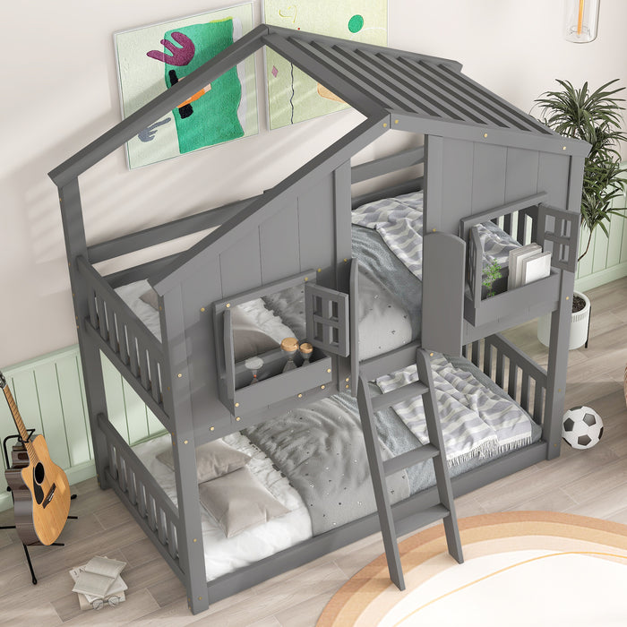 Twin over Twin House Bunk Bed with Roof & Windows - Grey