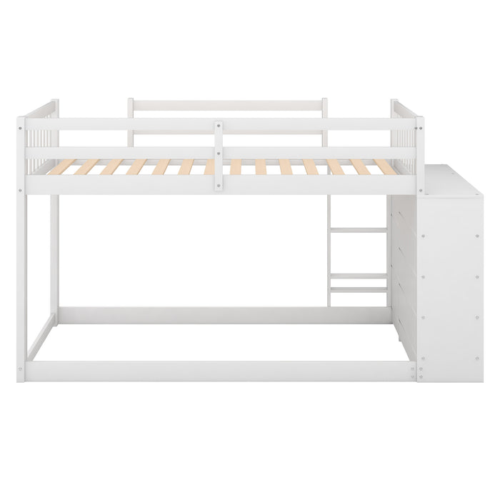 Twin over Twin Bunk Bed with Attached Cabinet and Shelves Storage - White