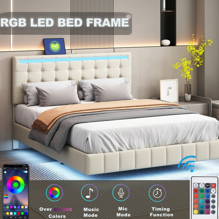 Queen Size Modern Upholstered Platform Floating Bed Frame with LED Lights and USB Charging - Beige