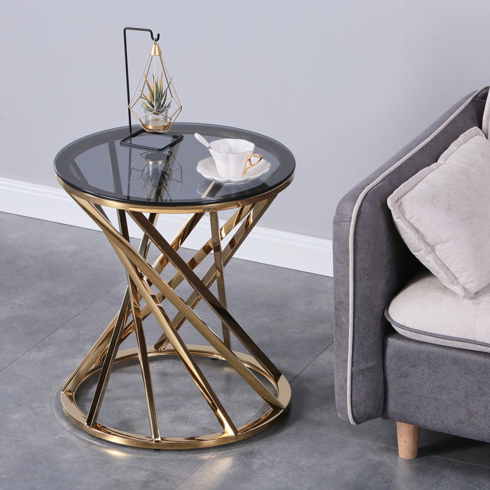 Set of 1 Round Glass Top Side Table for Living Room- Black Grey Tempered Glass & Gold Stainless Steel Frame