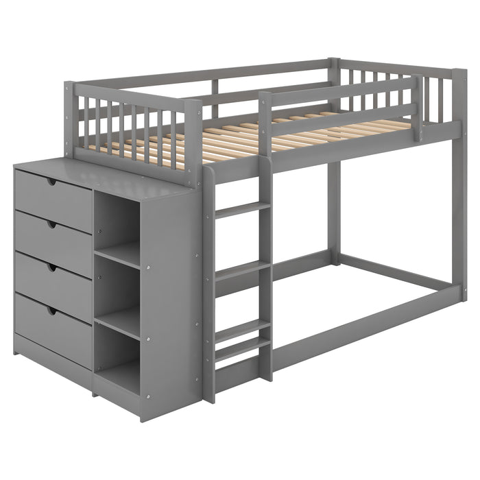 Twin over Twin Bunk Bed with Attached Cabinet and Shelves Storage - Gray