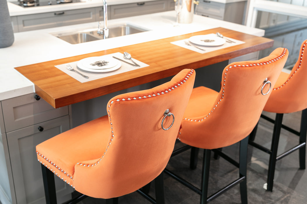 Contemporary Velvet Upholstered Barstools, Set of 2 (Orange)