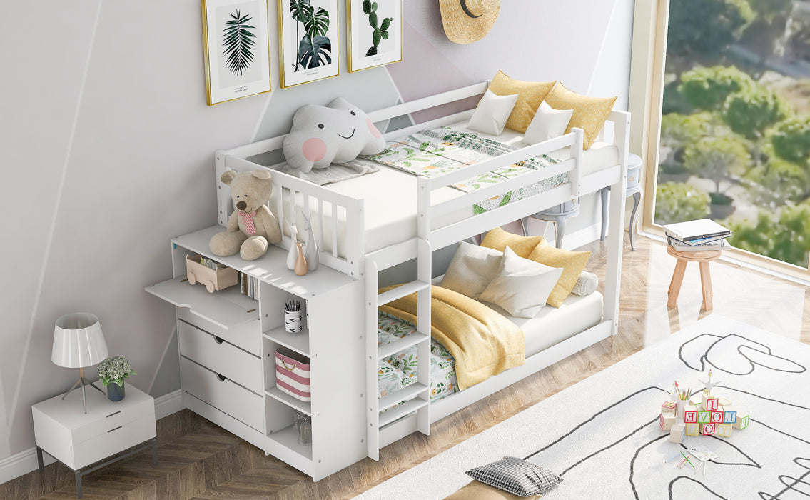 Twin over Twin Bunk Bed with Attached Cabinet and Shelves Storage - White