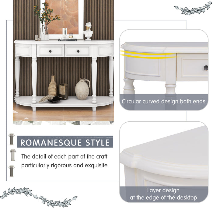 Retro Circular Curved Design Console Table with Open Style Shelf - Antique White