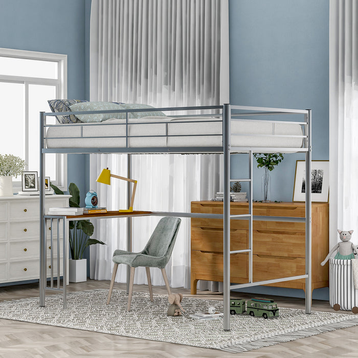 Twin Metal Loft Bunk Bed with Desk, Ladder and Guardrails - Silver